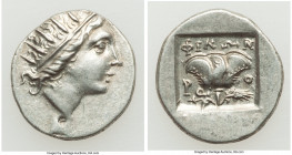 CARIAN ISLANDS. Rhodes. Ca. 88-84 BC. AR drachm (16mm, 2.16 gm, 12h). Choice XF. Plinthophoric standard, Philon, magistrate. Radiate head of Helios ri...