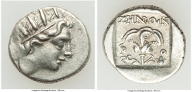 CARIAN ISLANDS. Rhodes. Ca. 88-84 BC. AR drachm (14mm, 2.40 gm, 12h). Choice VF. Plinthophoric standard, Zenon, magistrate. Radiate head of Helios rig...