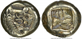 LYDIAN KINGDOM. Alyattes or Walwet (ca. 610-546 BC). EL 1/12 stater or hemihecte (7mm). NGC Fine, countermarks. Sardes mint. Head of roaring lion righ...