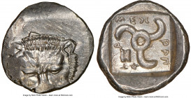 LYCIAN DYNASTS. Mithrapata (ca. 390-360 BC). AR sixth-stater (13mm, 12h). NGC AU. Uncertain mint. Lion scalp facing / MEΘ-PAΠ-AT-A, triskeles with voi...