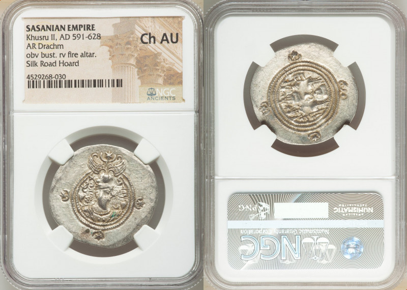 SASANIAN KINGDOM. Khusro II (AD 591-628). AR drachm (32mm, 2h). NGC Choice AU. B...