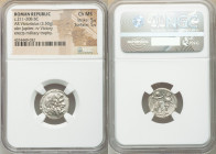 Anonymous. Ca. 211-208 BC. AR victoriatus (17mm, 3.50 gm, 12h). NGC Choice MS 5/5 - 5/5. Luceria. Laureate head of Jupiter right, bead-and-reel border...