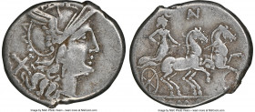 Anonymous. Ca. 194-190 BC. AR denarius (19mm, 3.67 gm, 7h). NGC VF 4/5 - 3/5, edge flaw. Rome. Head of Roma right, wearing winged helmet decorated wit...