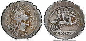 L. Pomponius Cn. f. (ca. 118 BC) with L. Licinius and Cn. Domitius as duoviri. AR denarius serratus (21mm, 3.66 gm, 12h). NGC Choice Fine 5/5 - 4/5. N...