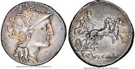 C. Claudius Pulcher (110-109 BC). AR denarius (18mm, 3.91 gm, 10h). NGC Choice XF S 5/5 - 4/5. Rome. Head of Roma right wearing winged helmet decorate...