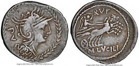 M. Lucilius Rufus (ca. 101 BC). AR denarius (22mm, 3.71 gm, 5h). NGC Choice Fine 5/5 - 5/5. Rome. Head of Roma right, wearing winged helmet decorated ...