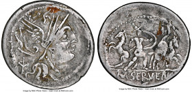 M. Servilius C.f. (ca. 100 BC). AR/AE fourree denarius (21mm, 2.87 gm, 4h). NGC VF 5/5 - 3/5, core visible. Ancient forgery of M Servilius C.F. denari...