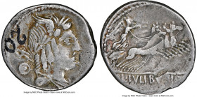 L. Julius Bursio (ca. 85 BC). AR denarius (19mm, 3.84 gm, 4h). NGC VF 3/5 - 3/5, adjusted flan, inked collection number. Rome. Laureate, winged, drape...