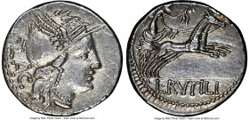 L. Rutilius Flaccus (ca. 77 BC). AR denarius (18mm, 3.93 gm, 6h). NGC Choice XF 4/5 - 3/5, light marks. Rome. FLAC, head of Roma right in winged helme...