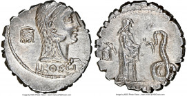 L. Roscius Fabatus (64/59 BC). AR serratus denarius (18mm, 3.80 gm, 6h). NGC Choice AU 3/5 - 3/5, light scratches. Rome. L ROSCI, head of Juno Sospita...