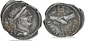 Albinus Bruti f. (ca. 48 BC). AR denarius (21mm, 3.63 gm, 10h). NGC Choice VF 5/5 - 2/5, edge cut. Rome. PIETAS, head of Pietas right, wearing pendant...