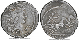 L. Valerius Acisculus (ca. 45 BC). AR denarius (19mm, 3.28 gm, 11h). NGC VF 3/5 - 2/5, scratches. Rome. ACISCVLVS, radiate head of Sol right; dolabra ...