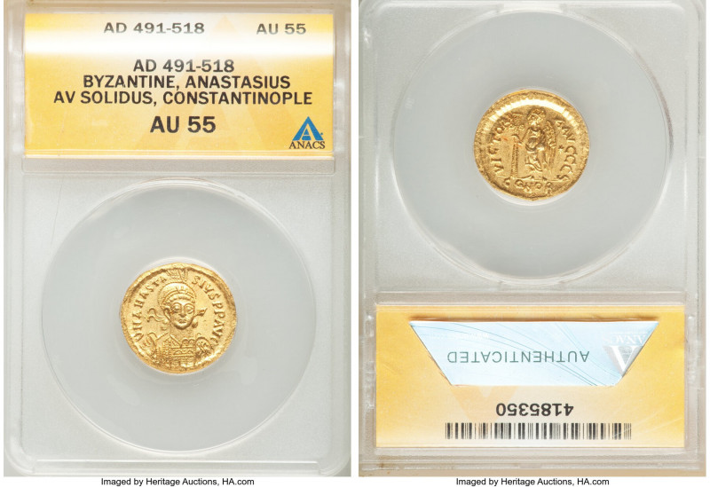 Anastasius I (AD 491-518). AV solidus (20mm, 6h). ANACS AU 55. Constantinople, 6...