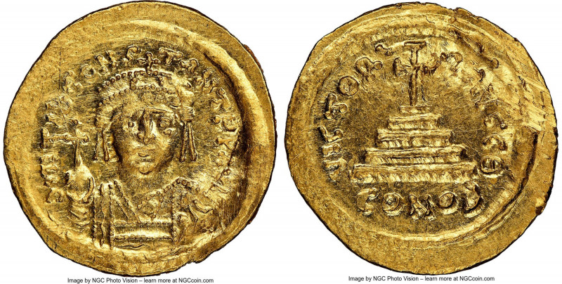 Tiberius II Constantine (AD 578-582). AV solidus (23mm, 4.49 gm, 7h). NGC MS 5/5...