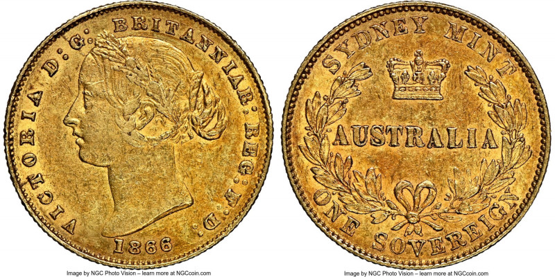 Victoria gold Sovereign 1866-SYDNEY AU55 NGC, Sydney mint, KM4. Cranberry toning...