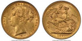 Victoria gold "Young Head - St. George" Sovereign 1887-M MS62 PCGS, Melbourne mint, KM7, S-3857C. AGW 0.2355 oz. 

HID09801242017

© 2020 Heritage...