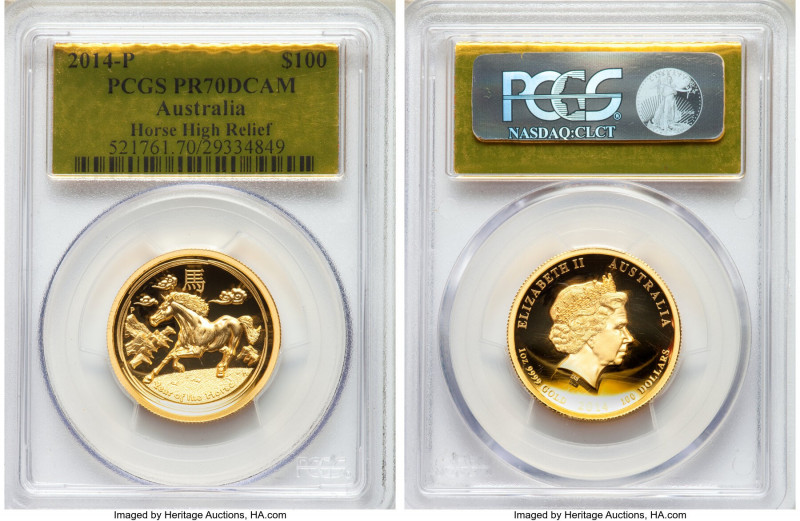 Elizabeth II gold Proof High Relief "Horse" 100 Dollars (1 oz) 2014-P PR70 DCAM ...