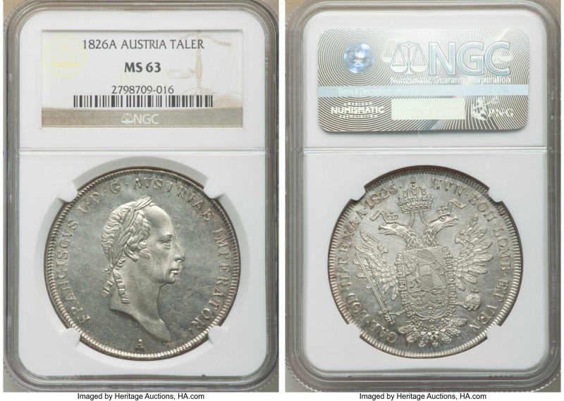 Franz I Taler 1826-A MS63 NGC, Vienna mint, KM2163. Opaque glassy luster beneath...