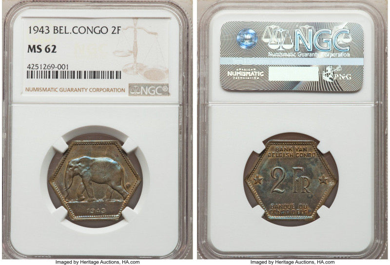 Belgian Colony 2 Francs 1943 MS62 NGC, Philadelphia mint, KM25. One year type. ...