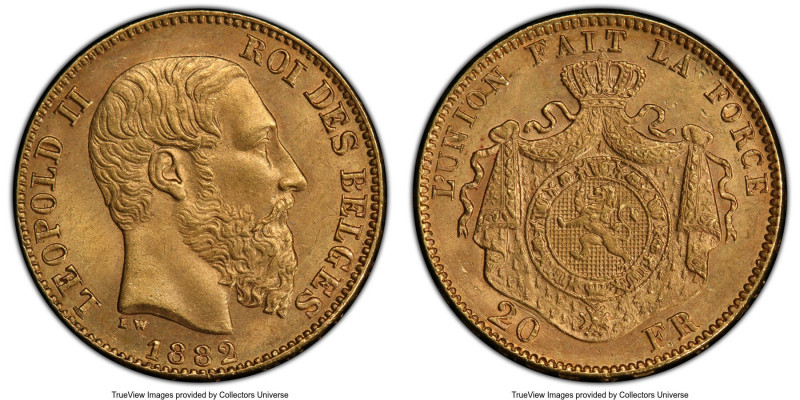 Leopold II gold 20 Francs 1882 MS66+ PCGS, Brussels mint, KM37. Position A. Oliv...