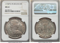 Charles III 8 Reales 1778 PTS-PR MS61 NGC, Potosi mint, KM55. Pastel tangerine and yellow with flares of silver-blue and gray. Boldly struck portrait....