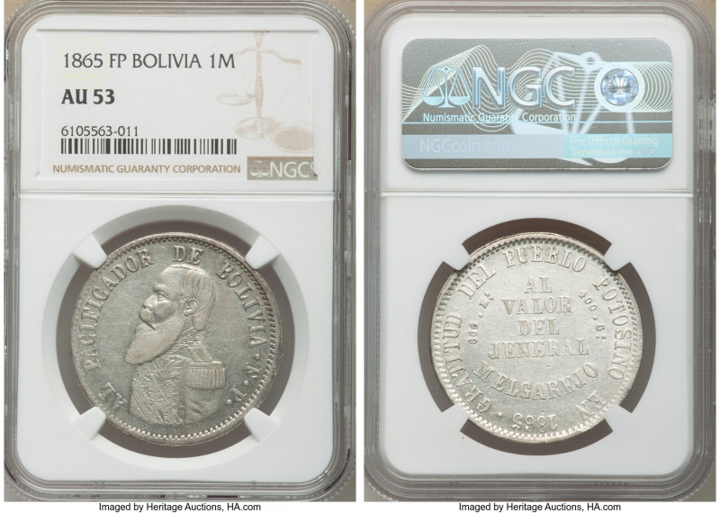 Republic Melgarejo 1865-FP AU53 NGC, Potosi mint, KM146. One year Proclamation t...