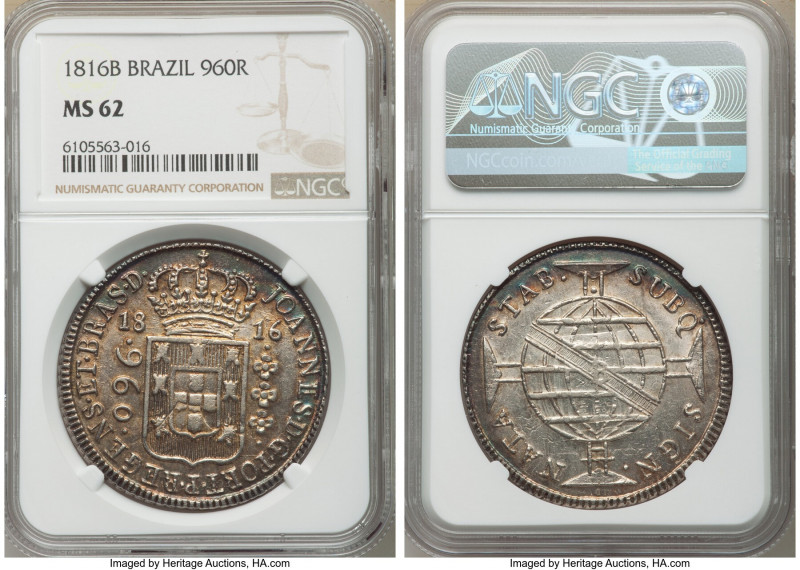 João Prince Regent 960 Reis 1816-B MS62 NGC, Bahia mint, KM307.1. Argent, gold &...