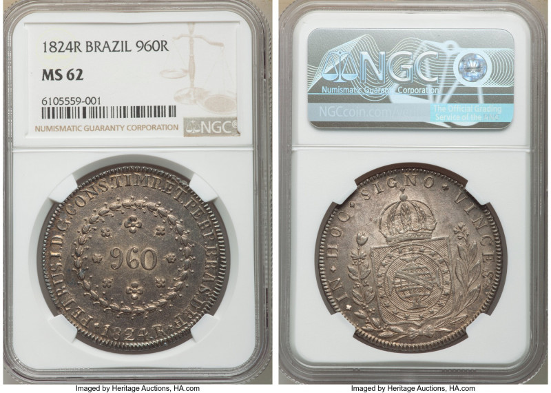 Pedro I 960 Reis 1824-R MS62 NGC, Rio de Janeiro mint, KM368.1. Dusty purple-gra...