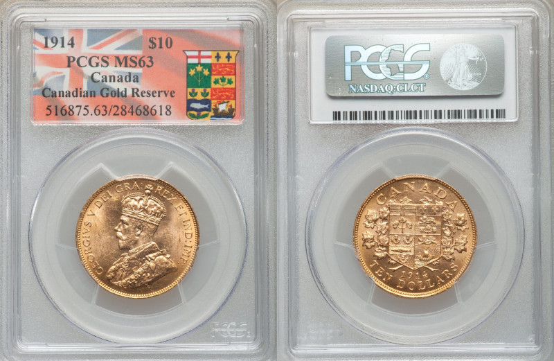 George V gold 10 Dollars 1914 MS63 PCGS, Ottawa mint, KM27. AGW 0.4837 oz. Ex. C...