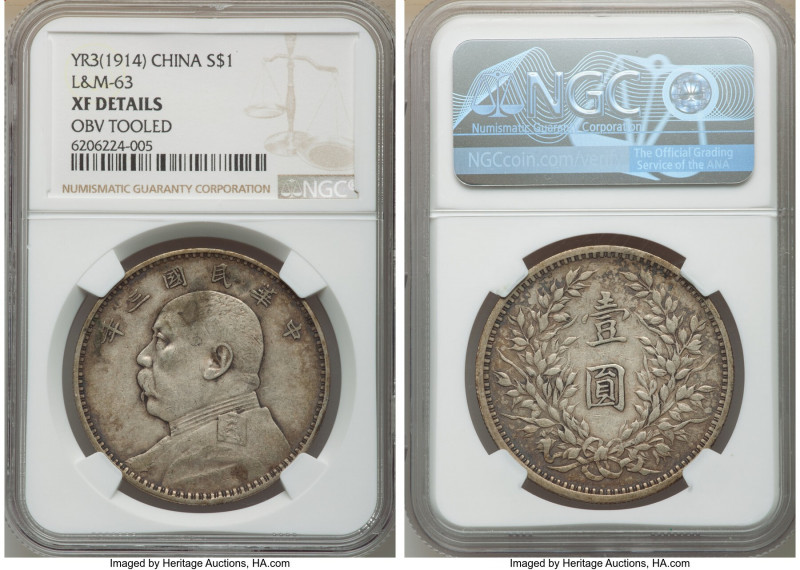 Republic Yuan Shih-kai Dollar Year 3 (1914) XF Details (Obverse Tooled) NGC, KM-...