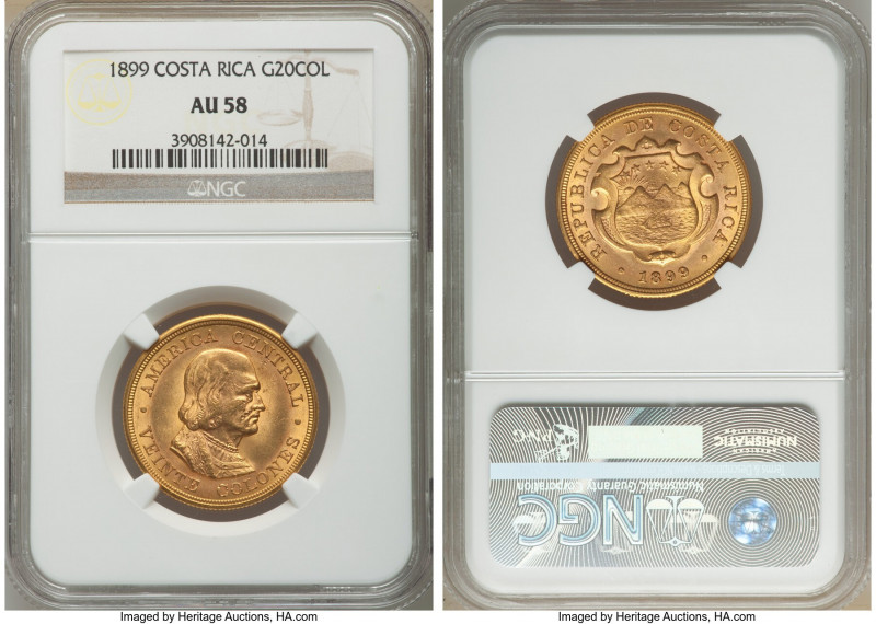 Republic gold 20 Colones 1899 AU58 NGC, KM141. Mintage: 25,000. AGW 0.4502 oz. ...