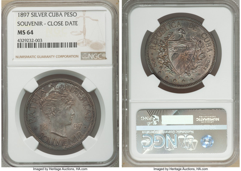 Republic Souvenir Peso 1897 MS64 NGC, Gorham mint, KM-XM3. Type III close date w...