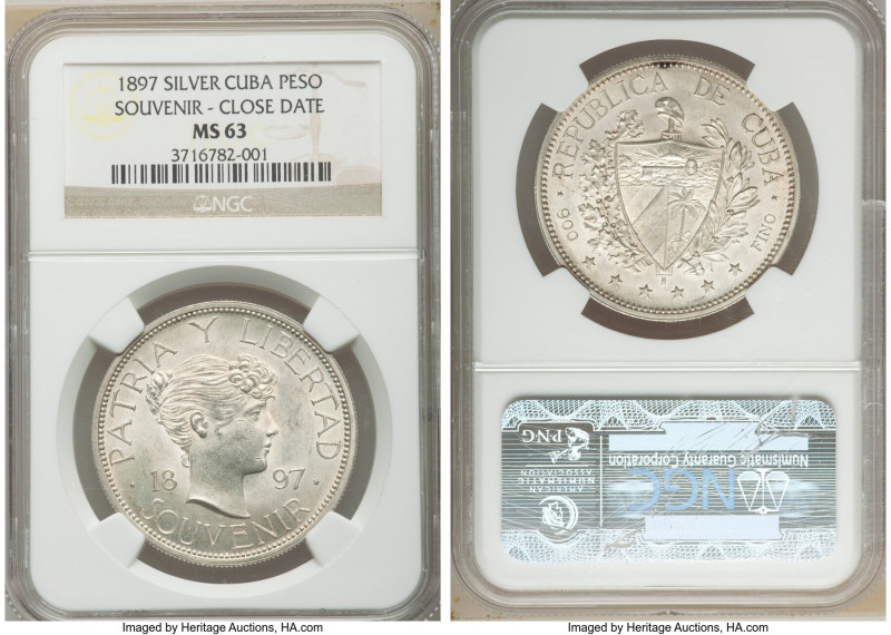 Republic Souvenir Peso 1897 MS63 NGC, Gorham mint, KM-XM3. Type III close date w...