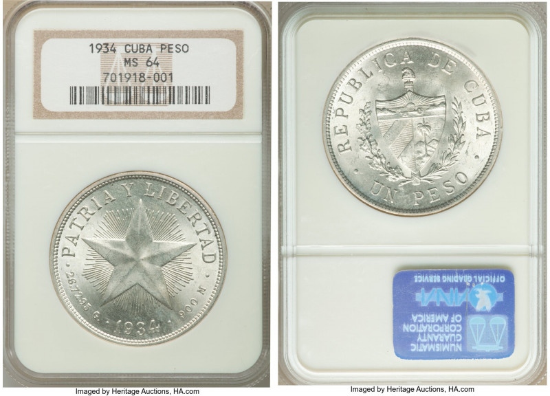 Republic "Star" Peso 1934 MS64 NGC, Philadelphia mint, KM15.2.

HID09801242017...