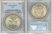 Republic Pair of Certified "Star" Pesos 1934, 1) Peso - MS63 PCGS 2) Peso - XF Details (Surface Hairlines) NGC Philadelphia mint, KM15.2. Sold as is, ...
