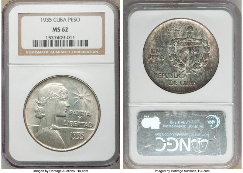 Republic "ABC" Peso 1935 MS62 NGC, Philadelphia mint, KM22. Mottled bronze tonin...