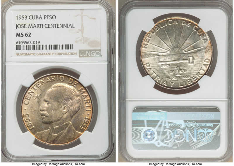 Republic "Jose Marti Centennial" Peso 1953 MS62 NGC, Philadelphia mint, KM29. Lu...