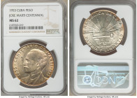 Republic "Jose Marti Centennial" Peso 1953 MS62 NGC, Philadelphia mint, KM29. Lustrous with butterscotch tone. 

HID09801242017

© 2020 Heritage A...