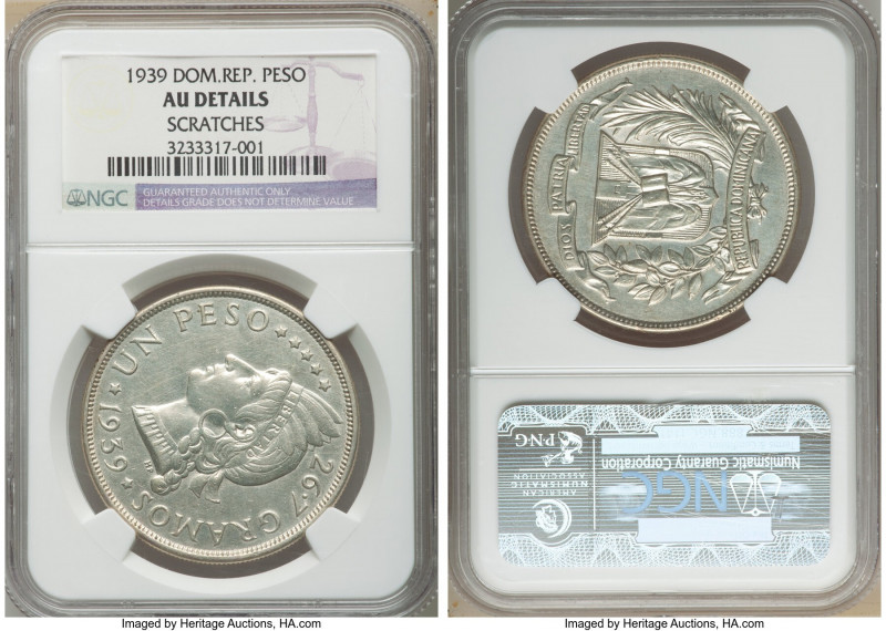 Republic Peso 1939 AU Details (Scratches) NGC, Philadelphia mint, KM22.

HID09...