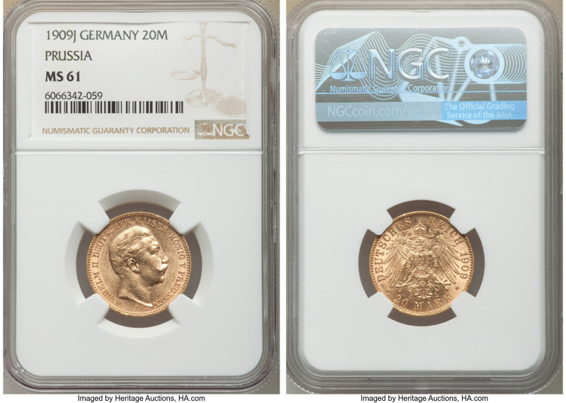 Prussia. Wilhelm II gold 20 Mark 1909-J MS61 NGC, Hamburg mint, KM521. AGW 0.230...