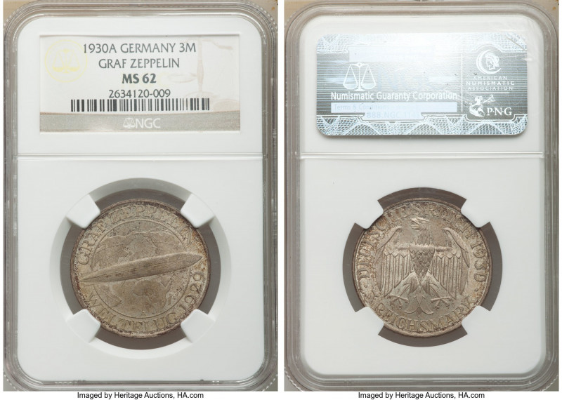 Weimar Republic "Zeppelin" 3 Mark 1930-A MS62 NGC, Berlin mint, KM67. Graf Zeppe...