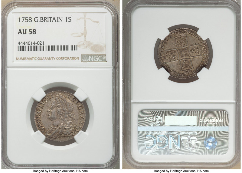 George II Shilling 1758 AU58 NGC, KM583.3, S-3704. Rose-gray with darker edge to...