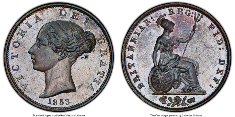 Victoria 1/2 Penny 1853 MS63 Brown PCGS, KM726, S-3949. Glossy brown surface wit...