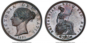 Victoria 1/2 Penny 1853 MS63 Brown PCGS, KM726, S-3949. Glossy brown surface with a veil of icy-blue toning. 

HID09801242017

© 2020 Heritage Auc...