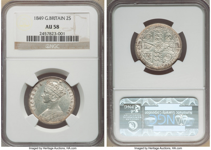 Victoria "Godless" Florin 1849 AU58 NGC, KM745, S-3890, Gothic florin without WW...