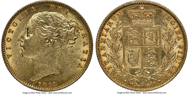 Victoria gold Sovereign 1853 MS61 NGC, KM736.1, S-3852D. W.W. raised on truncati...