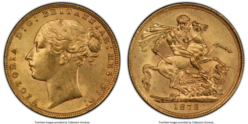 Victoria gold "St. George" Sovereign 1872 MS61 PCGS, KM752, S-3856A. Young head ...