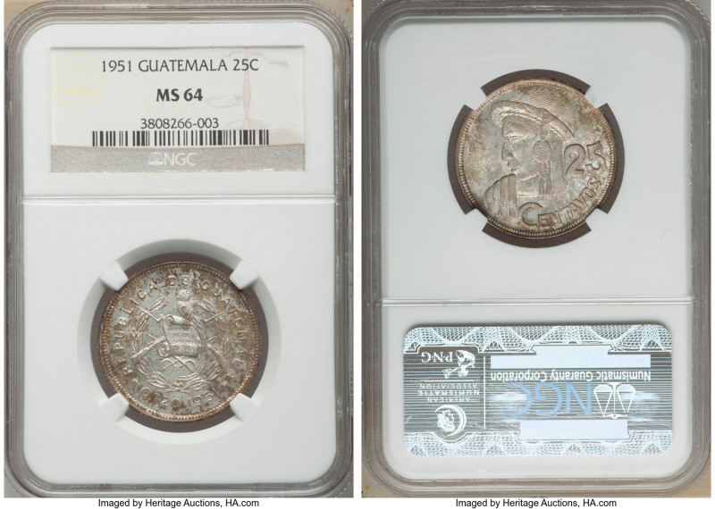 Republic 25 Centavos 1951 MS64 NGC, KM258. Mintage: 11,000. Key date of type and...