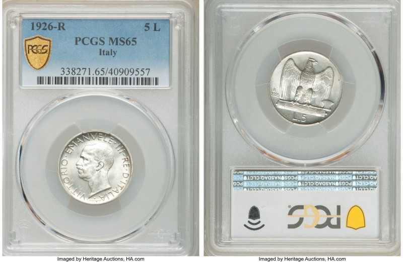 Vittorio Emanuele III 5 Lire 1926-R MS65 PCGS, Rome mint, KM67.1. 

HID0980124...