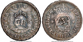 British Colony Counterstamped 5 Pence ND (1758) AU53 NGC, KM1.3. C/S: XF Standard. "GR" Counterstamp on Peru Ferdinand VI 1/2 Real 1758 LM-JM Lima min...
